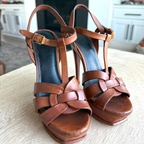 YSL SAINT LAURENT Tribute Platform Sandal Heel Cognac Leather 37.5 Italy Strappy - Picture 2 of 14